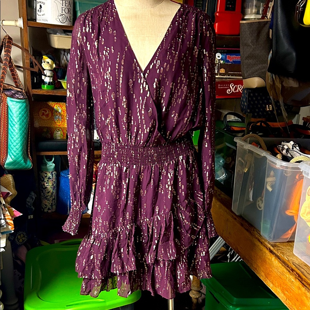 Lilly Pulitzer NWT Cherry Ganache Chiffon Long Sleeve Dress Gold Accents